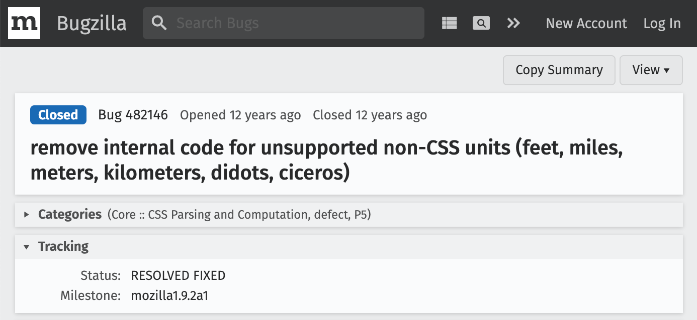 Bugzilla: remove internal code for unsupported non-CSS units (feet, miles, meters, kilometers, didots, ciceros)